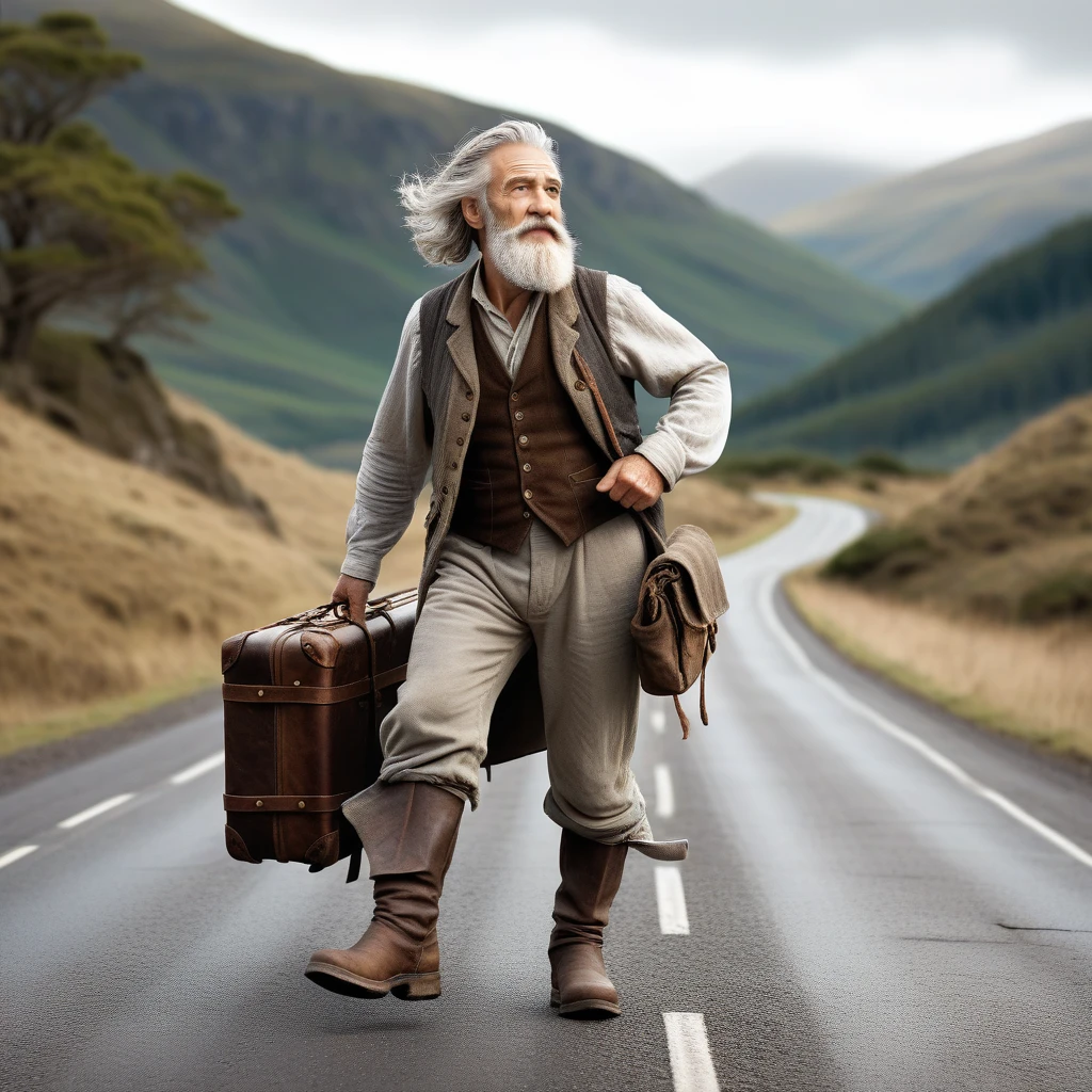 Voyageur âgé barbu marchant avec valise et cartes