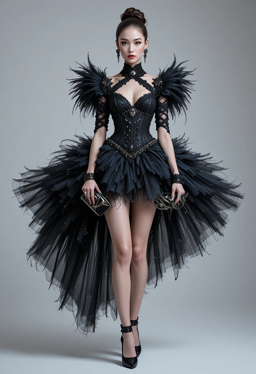 Ilustração de moda couture de mulher em vestido preto com plumas