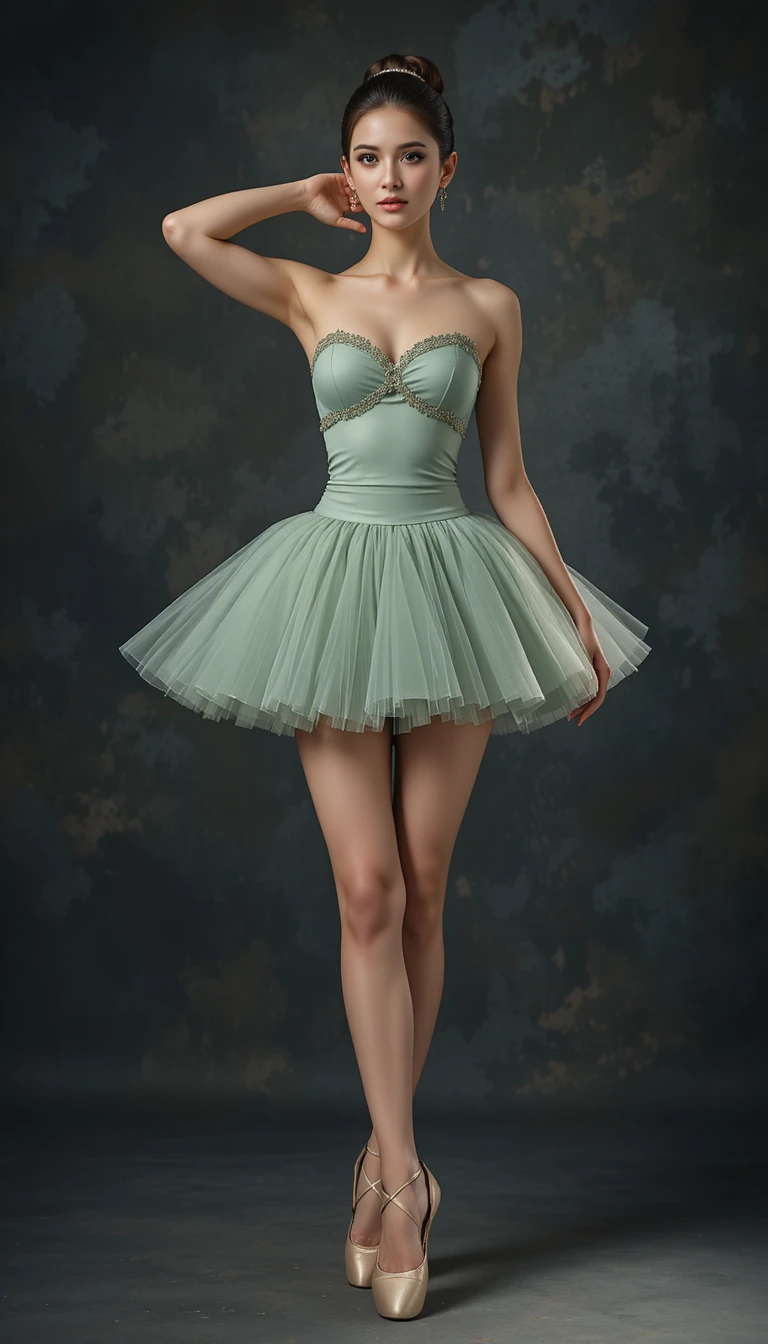 Mulher elegante em pose de balé usando lingerie sálvia e tutu