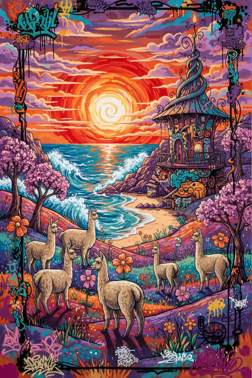 Alpaca herd by the sea in a serene spring sunset