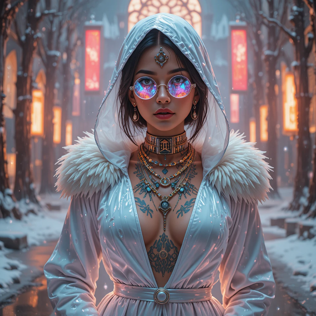 Mujer cyberpunk segura de sí misma con túnicas blanco hielo brillantes