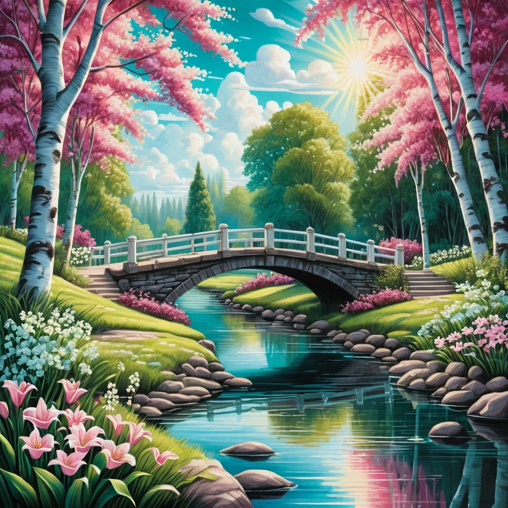 Parco estivo colorato con ponte sul fiume e betulle