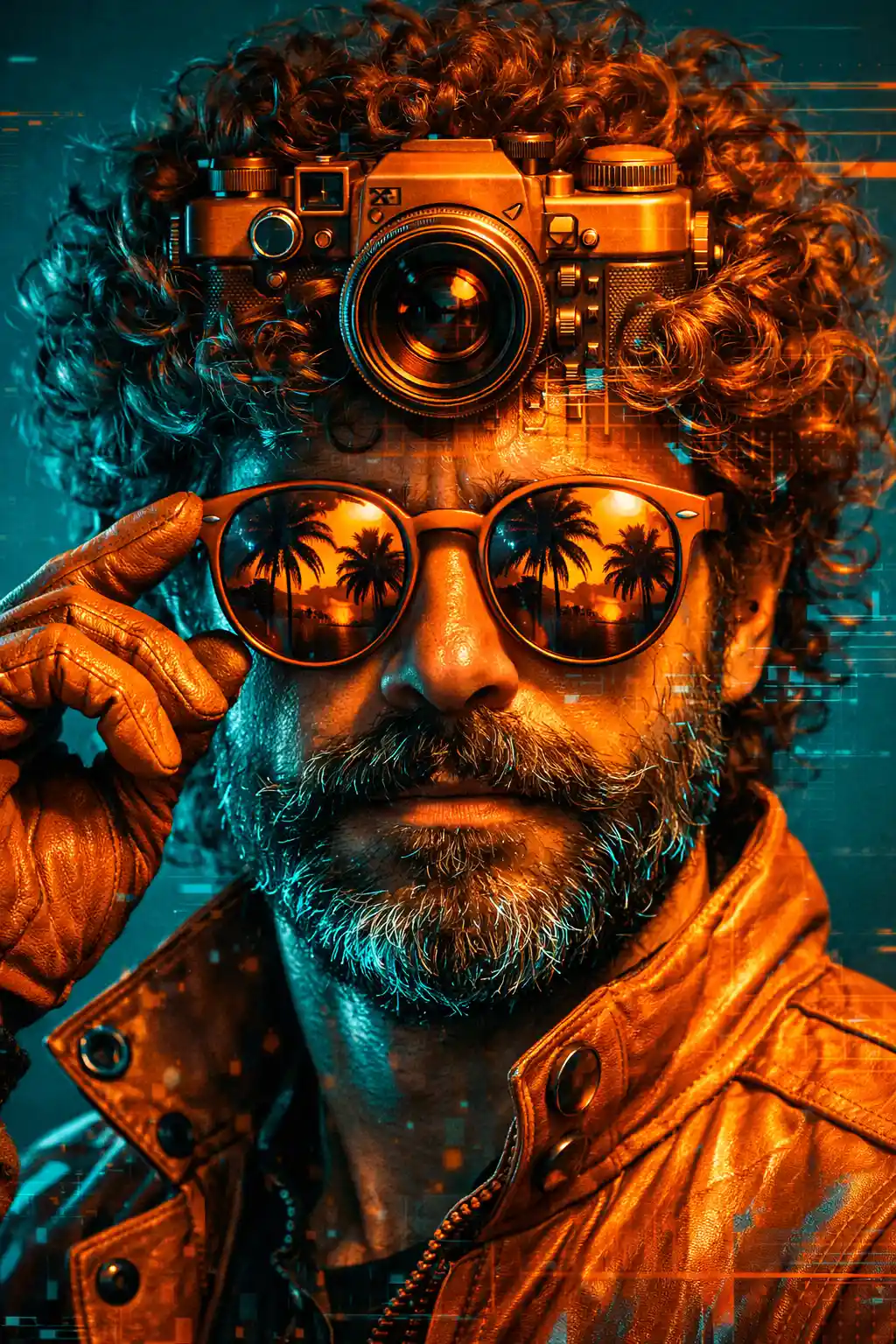 Cyberpunk man portrait with glowing sunglasses and camera