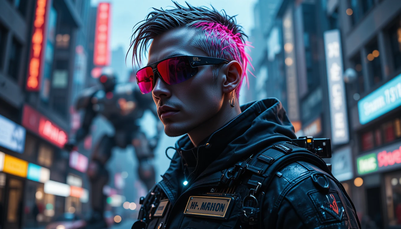 Homem cyberpunk futurista com arma em retrato de estúdio