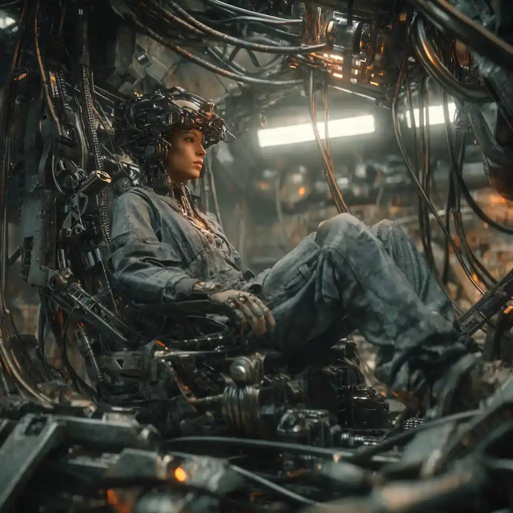 Woman fused with mechanical exoskeleton in industrial cockpit