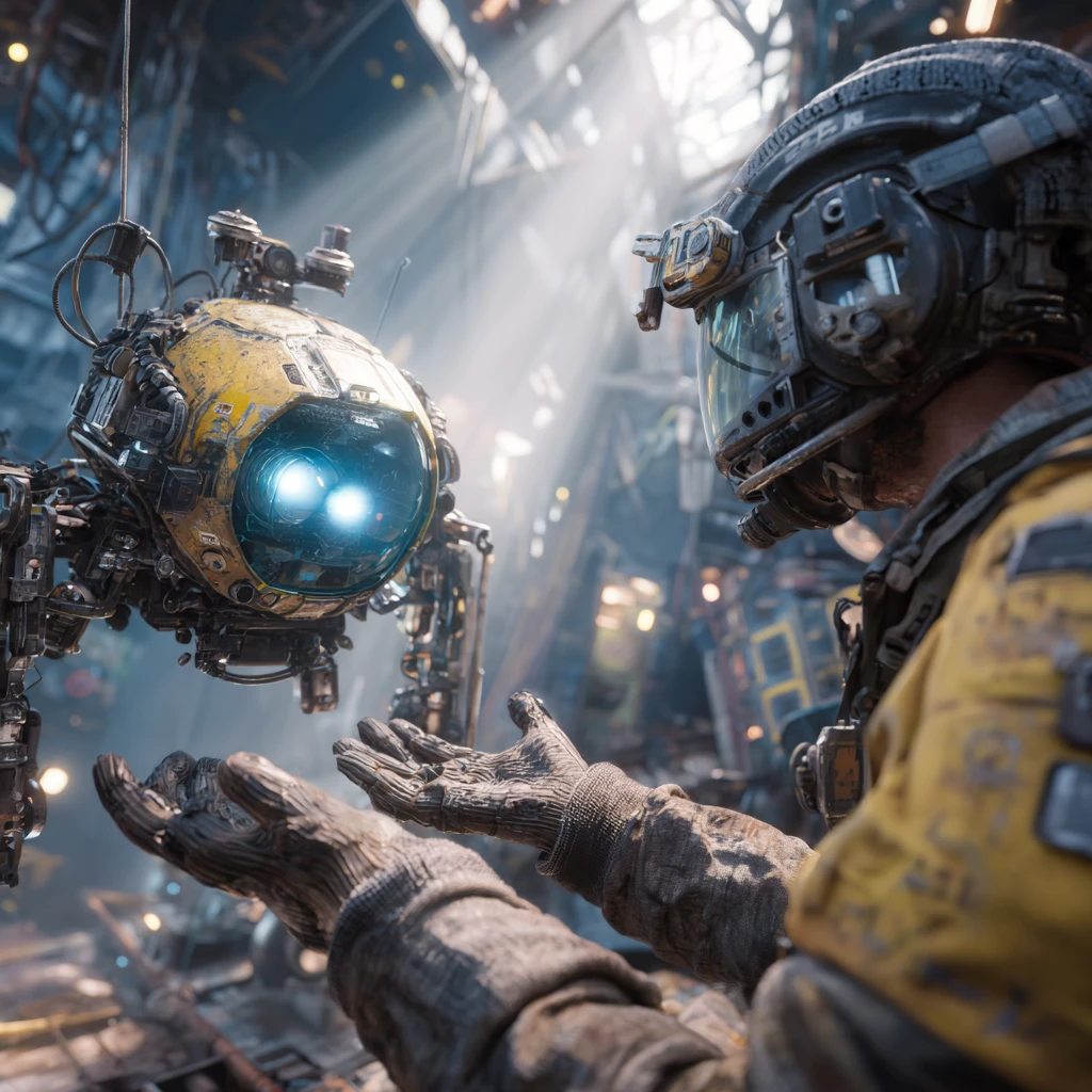 Engenheiro cyberpunk com drone de reparo flutuante em covil industrial