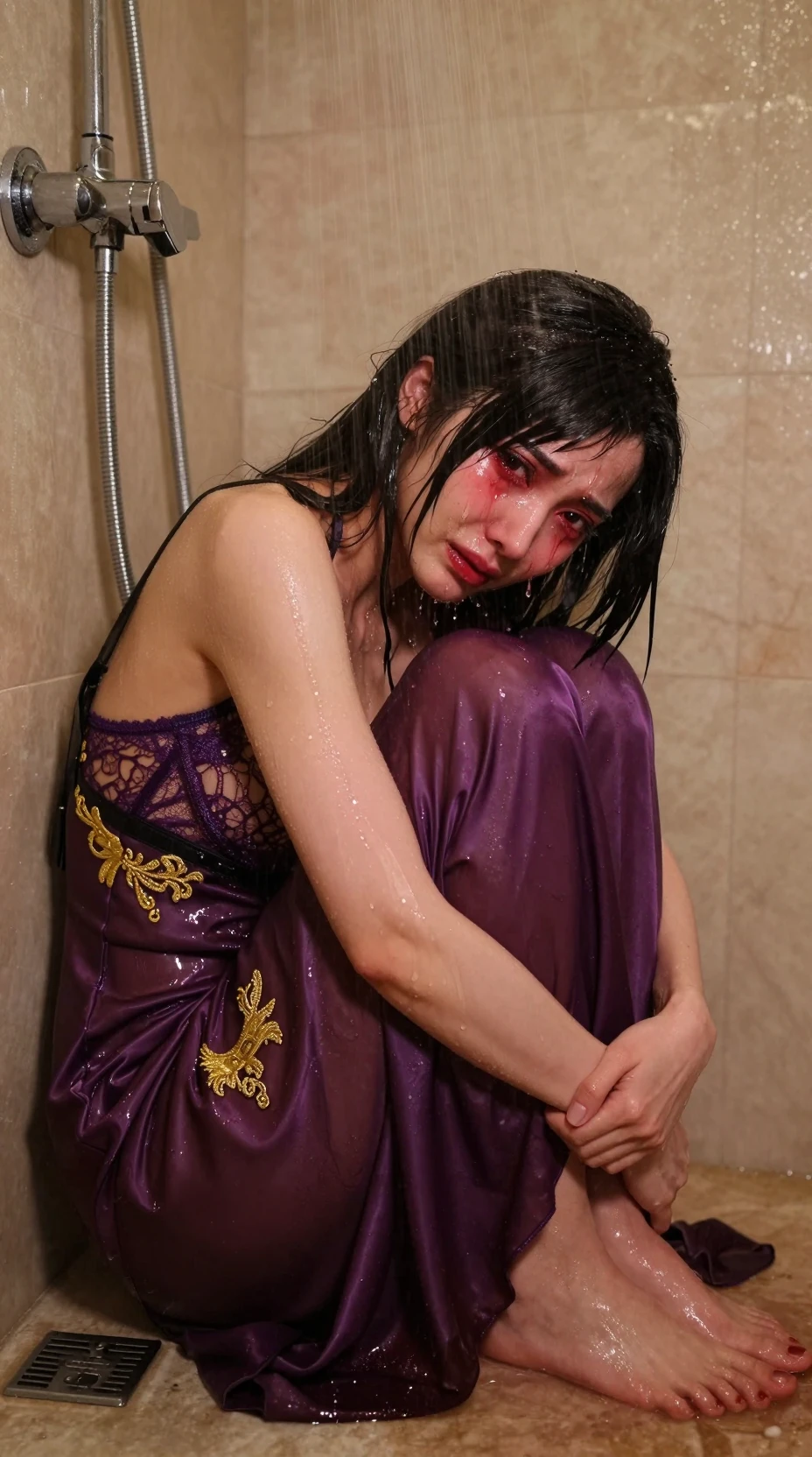 Woman in purple gown crying on shower floor