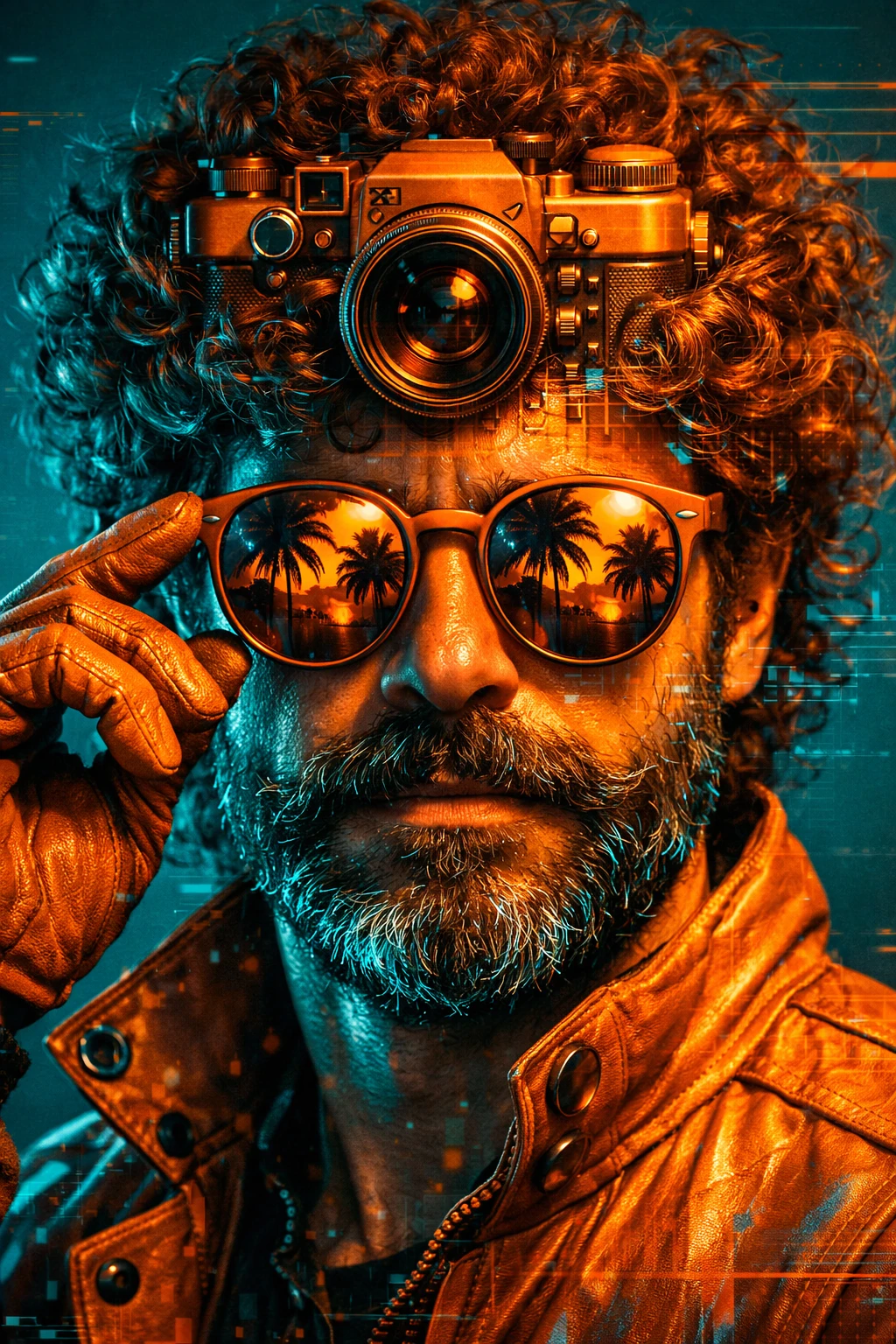 Retrato de homem cyberpunk com óculos de sol luminosos e câmera