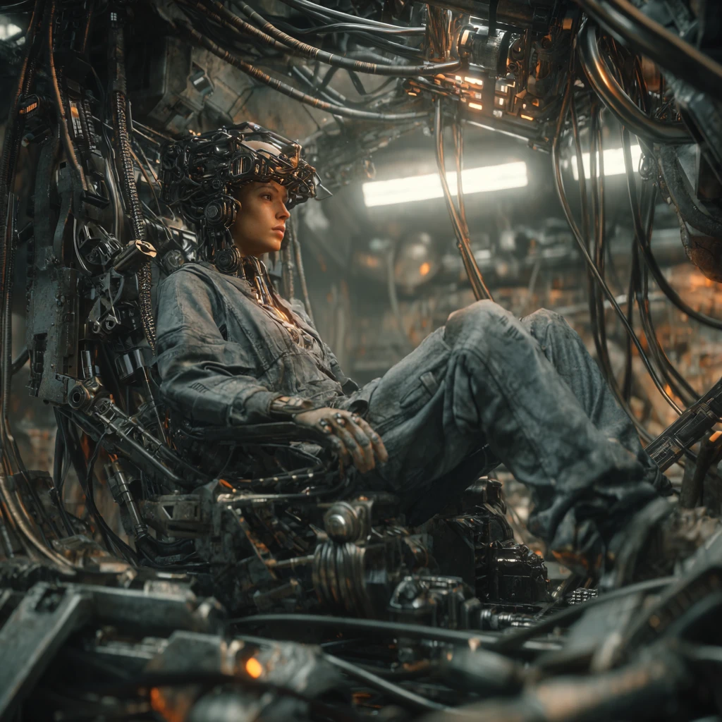 Woman fused with mechanical exoskeleton in industrial cockpit