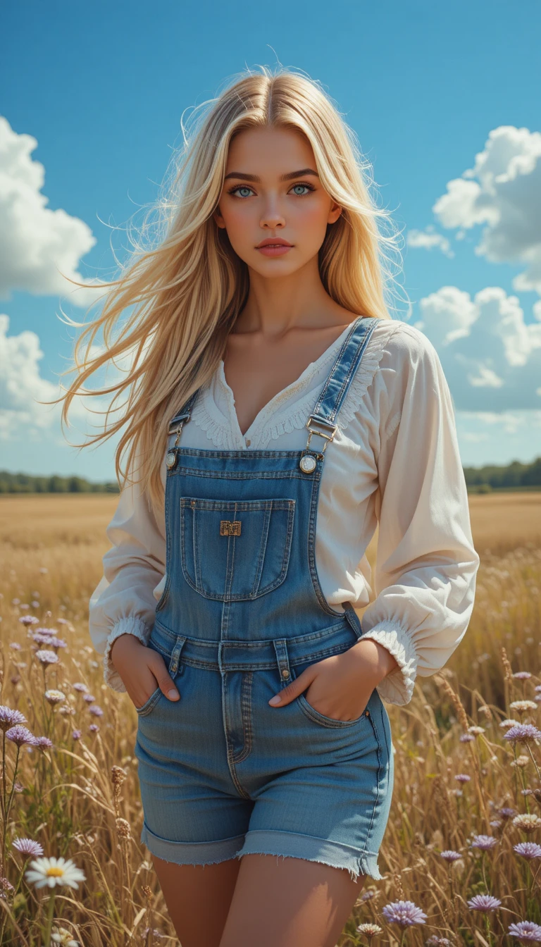Blondes Mädchen in Jeanslatzhose auf einem sonnenbeschienenen Feld