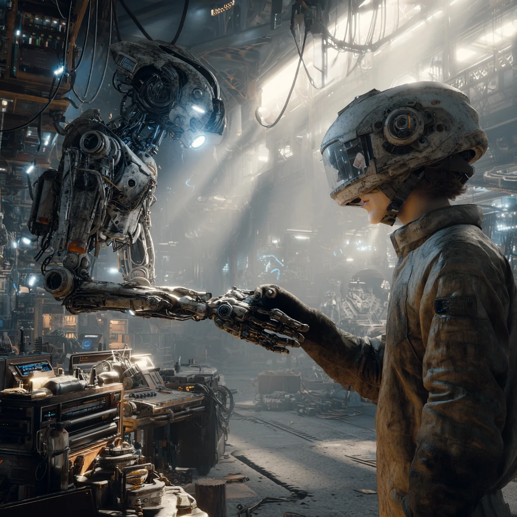 Engenheiro cyberpunk com drone de reparo flutuante em covil industrial