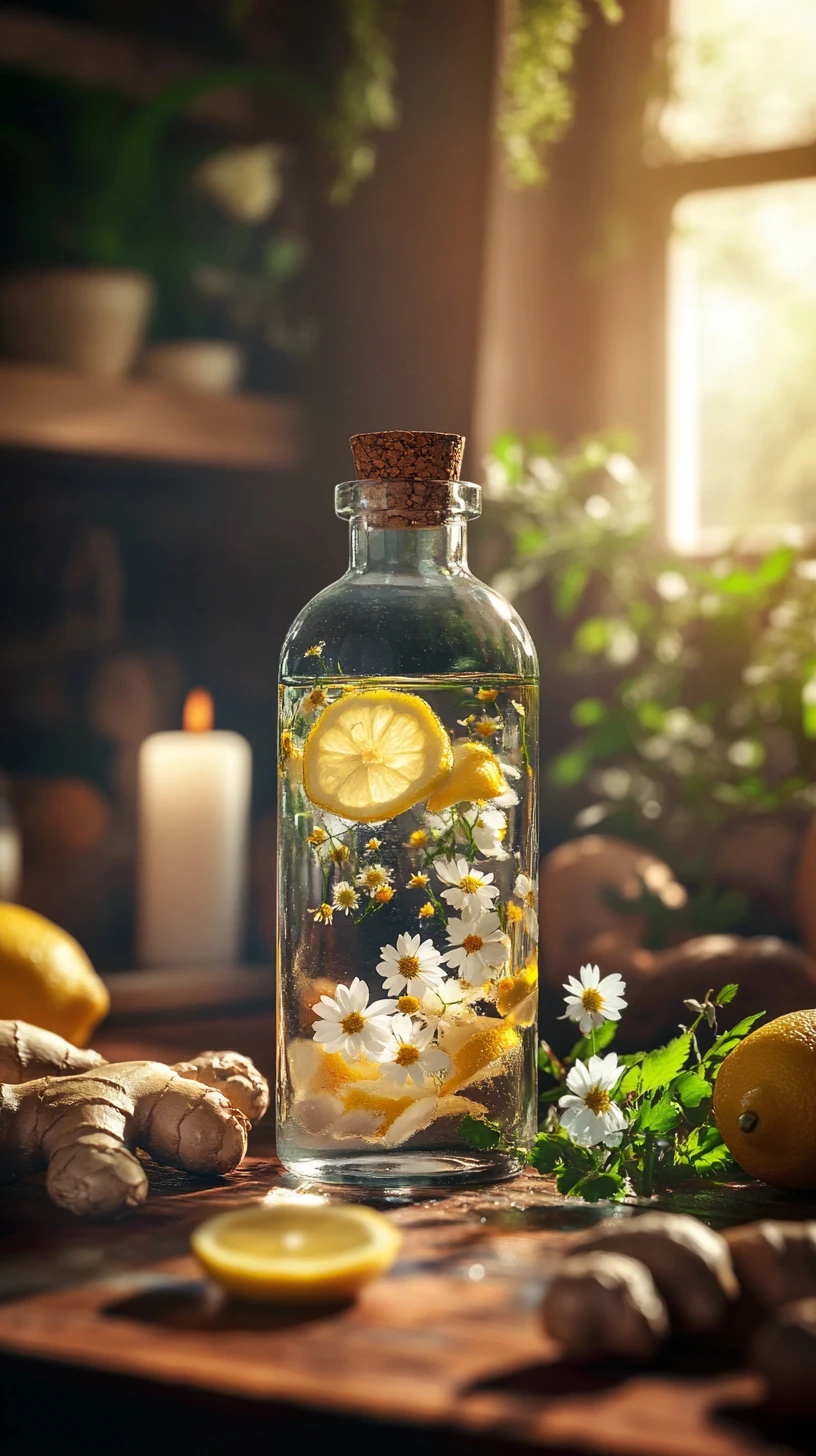 Glass bottle with lemons and flowers in rustic sunlight