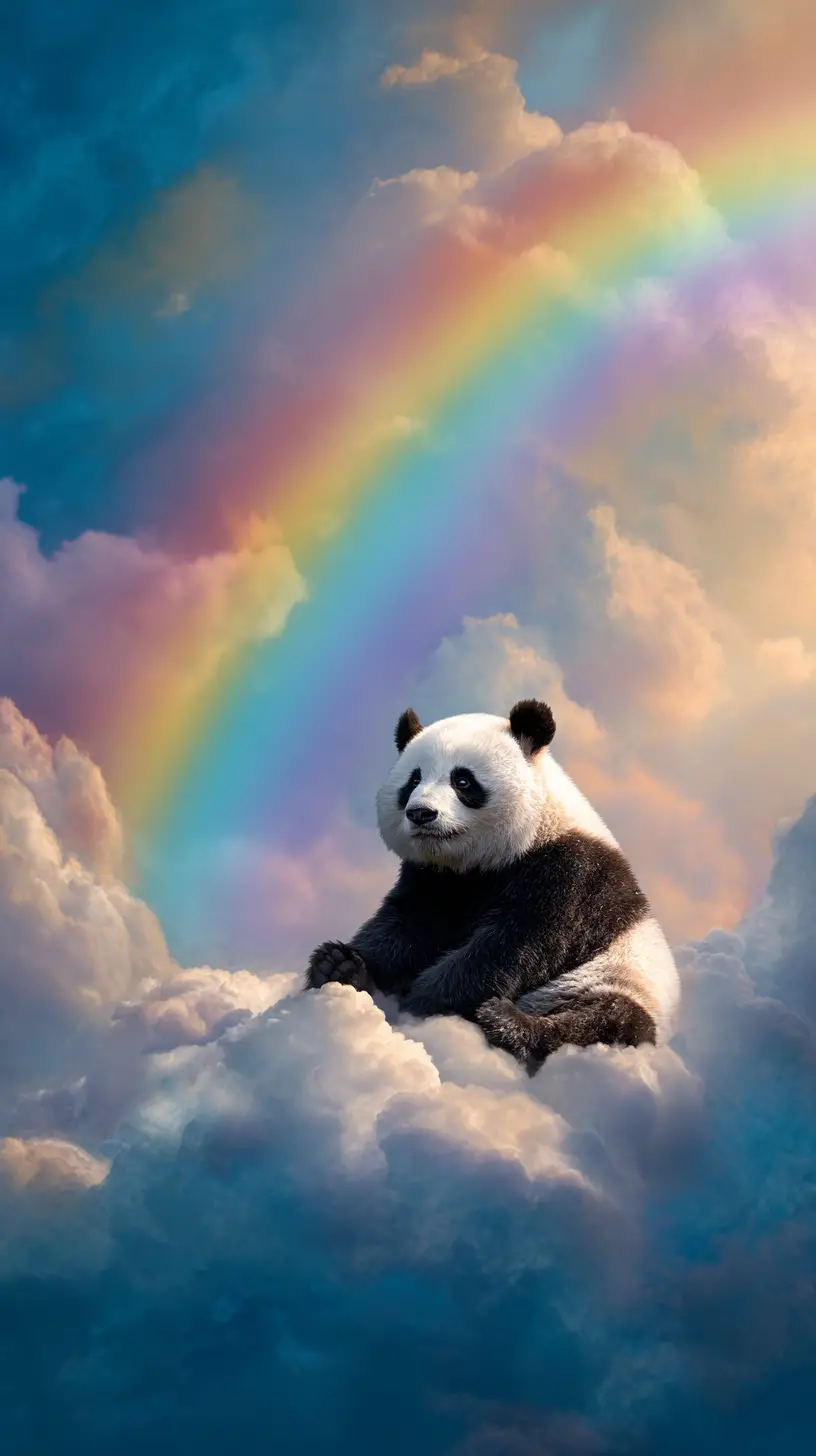 Süßer Panda, der auf einer Wolke unter einem hellen Regenbogen ruht