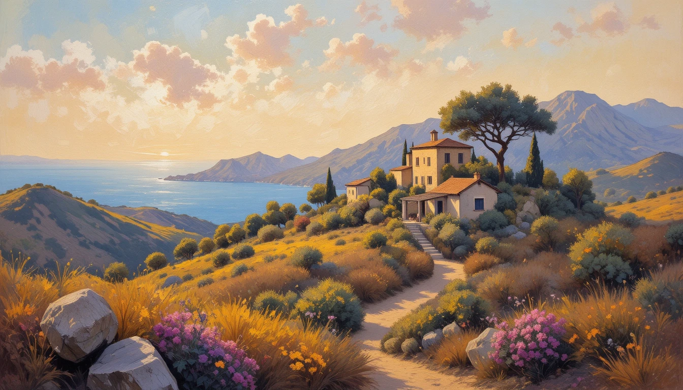 Vista impressionista de uma casa de campo siciliana em paisagem campestre quente