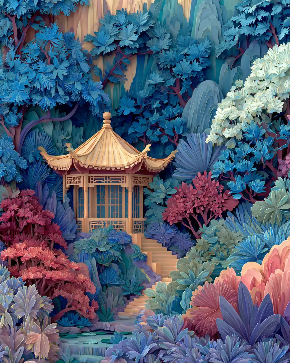 Jardim Chinês Sereno em Arte de Papel Recortado 3D em Camadas