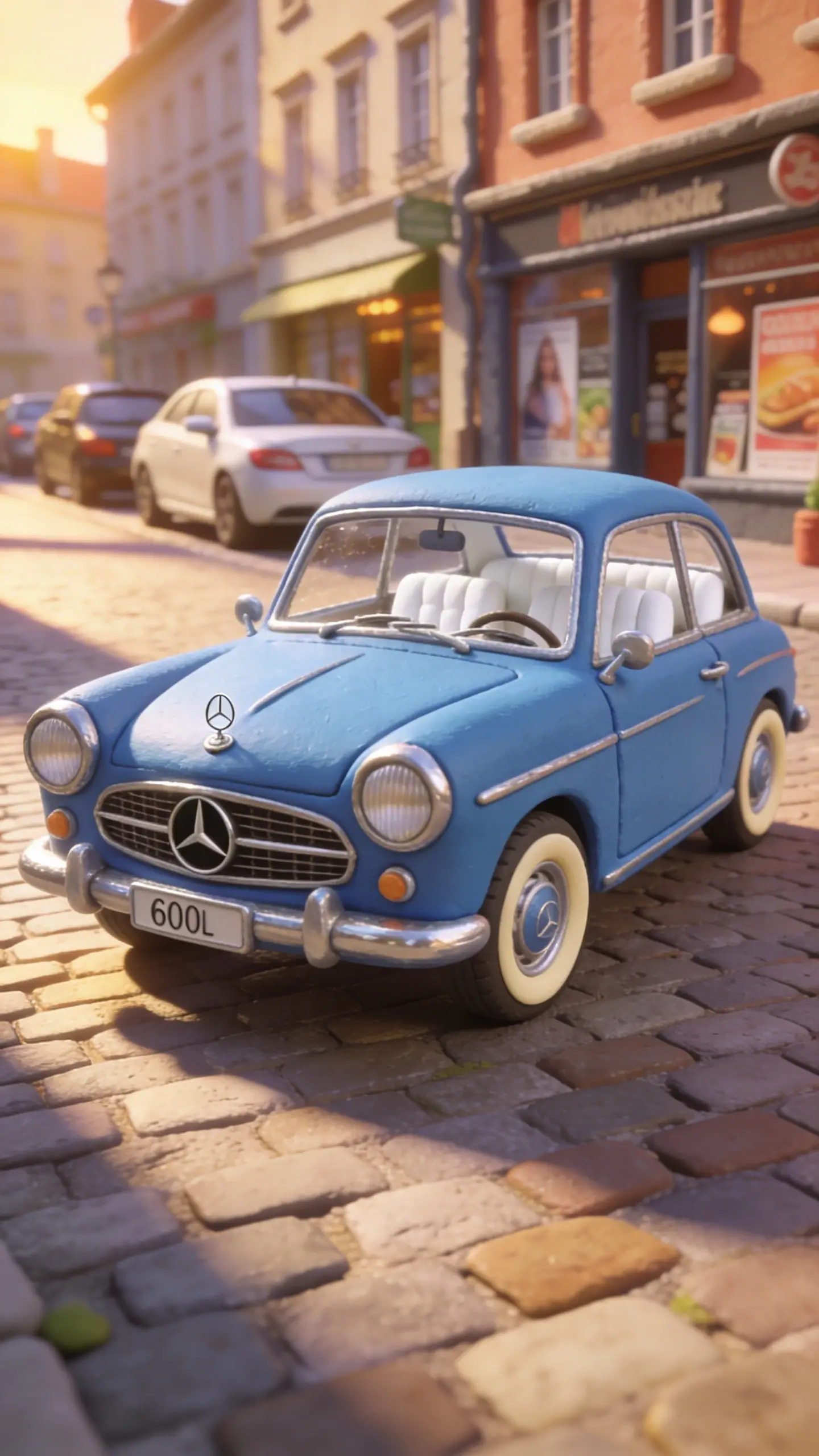 Vintage blue Mercedes microcar on cobblestone European street