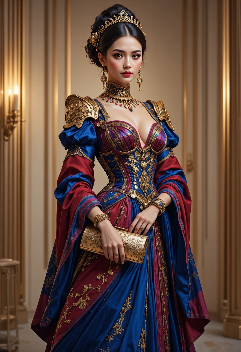 Regal fashion illustration of woman in jeweled persian gown
