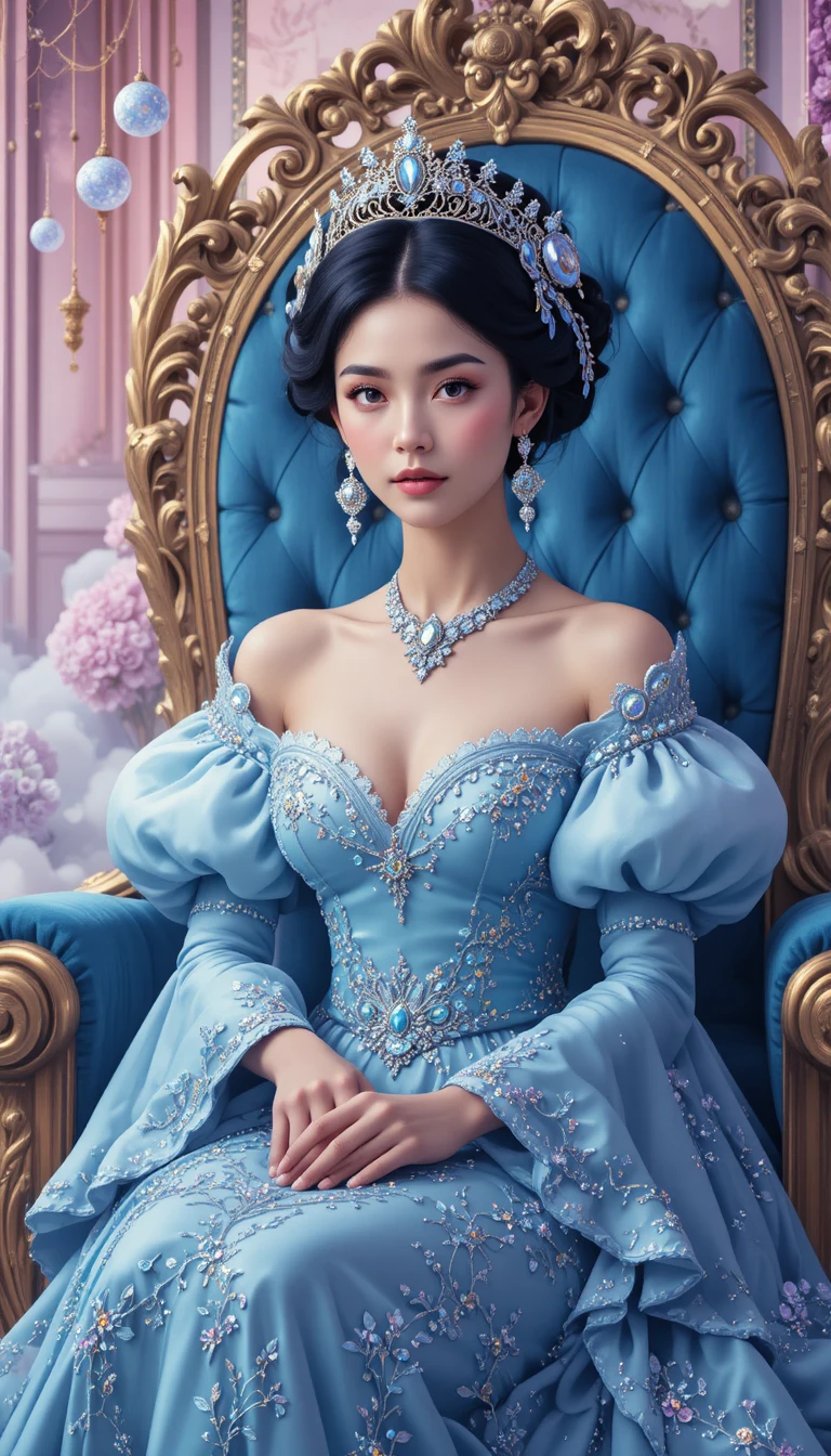 Princesa encantada en un trono azul con orbes brillantes