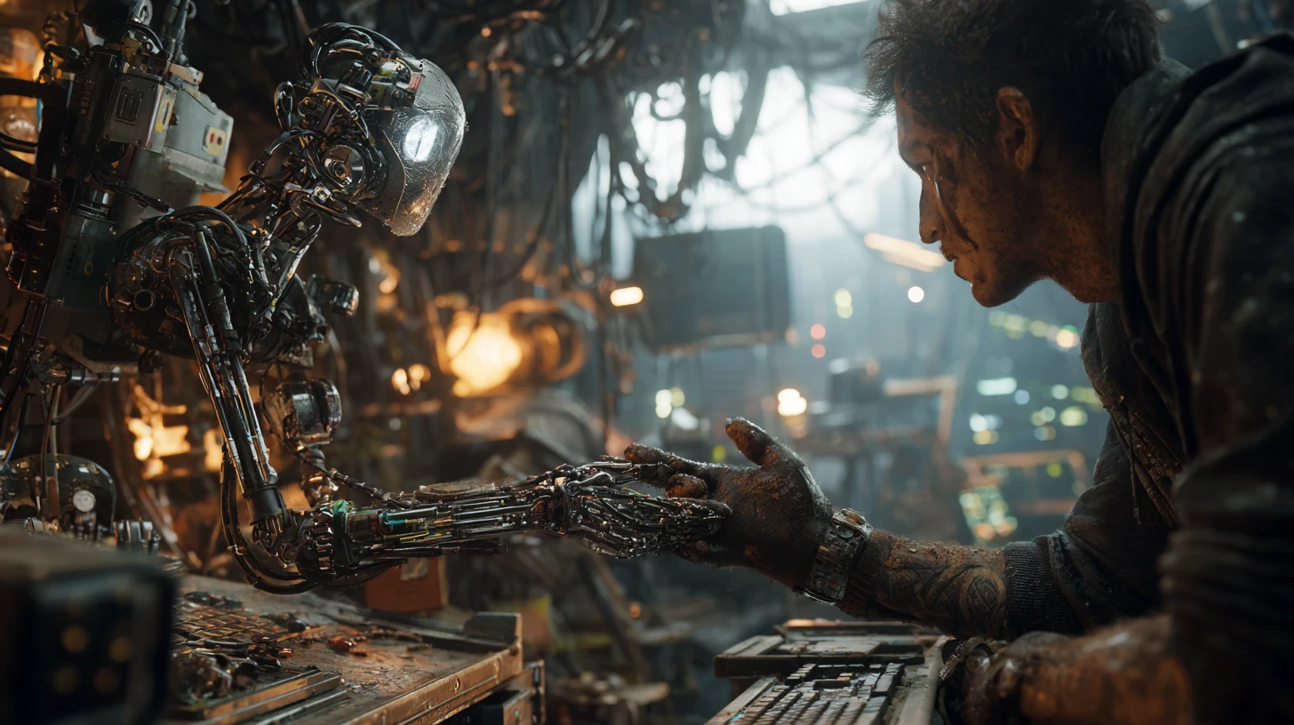 Engenheiro cyberpunk com drone de reparo flutuante em um covil industrial