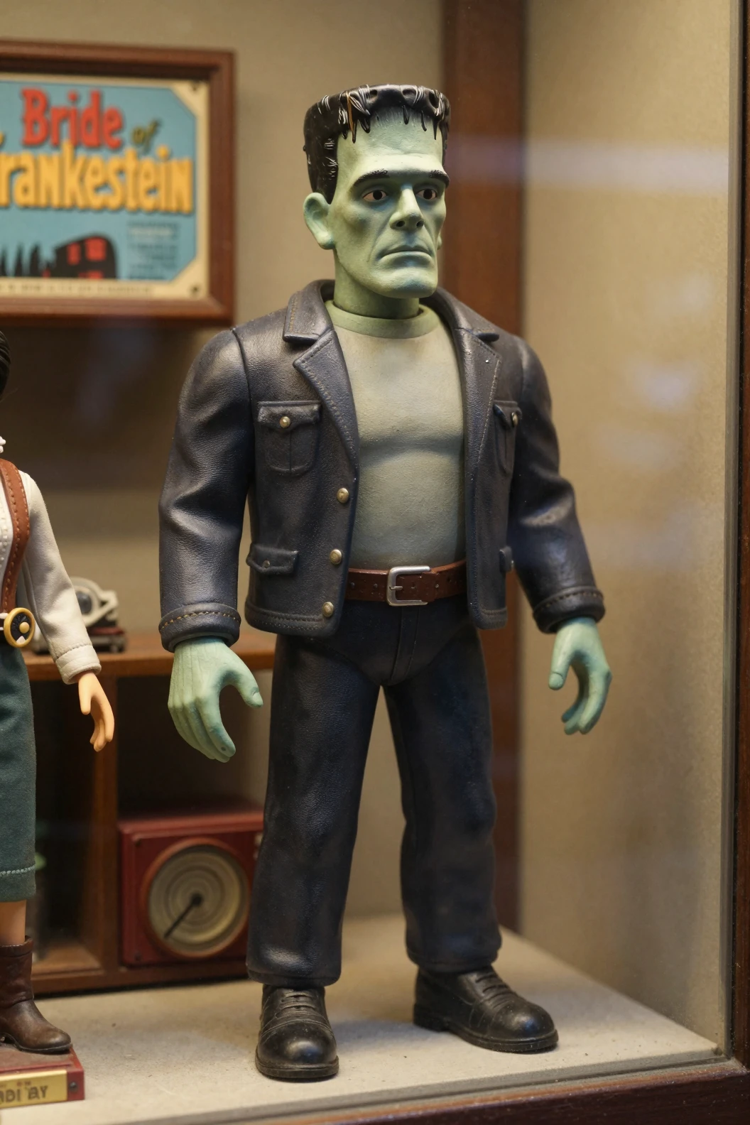 Figura de acción de monstruo vintage en el escaparate de una juguetería retro