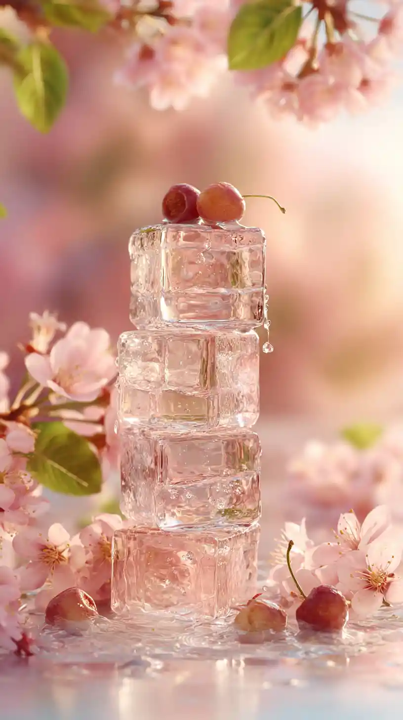 Stacked ice cubes with fruit and cherry blossoms