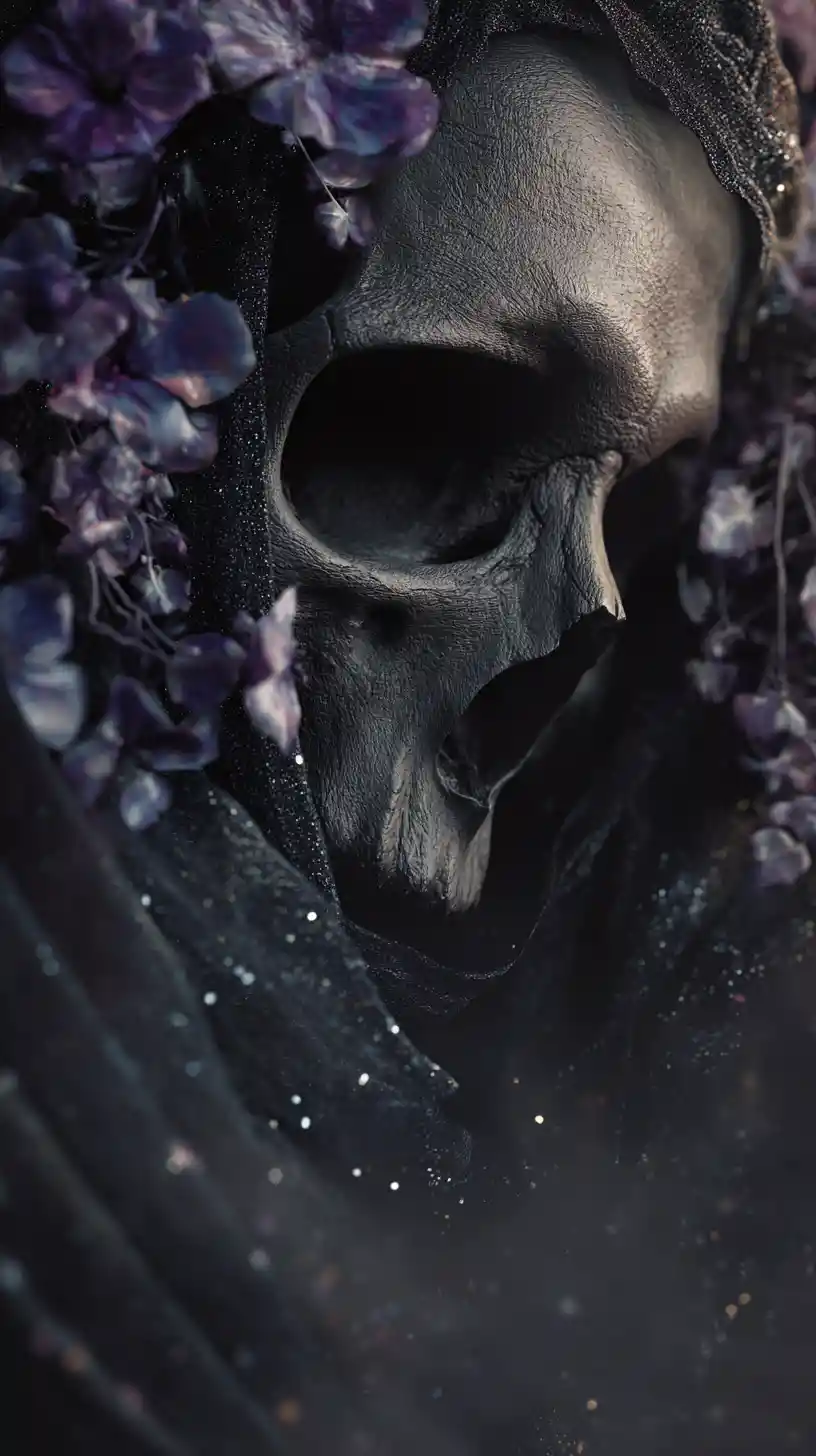 Surreal close up of a skull in dark mist