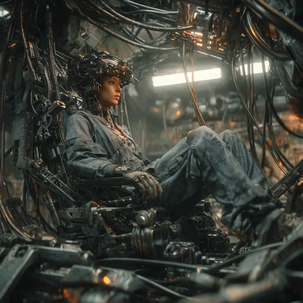 Woman fused with mechanical exoskeleton in industrial cockpit