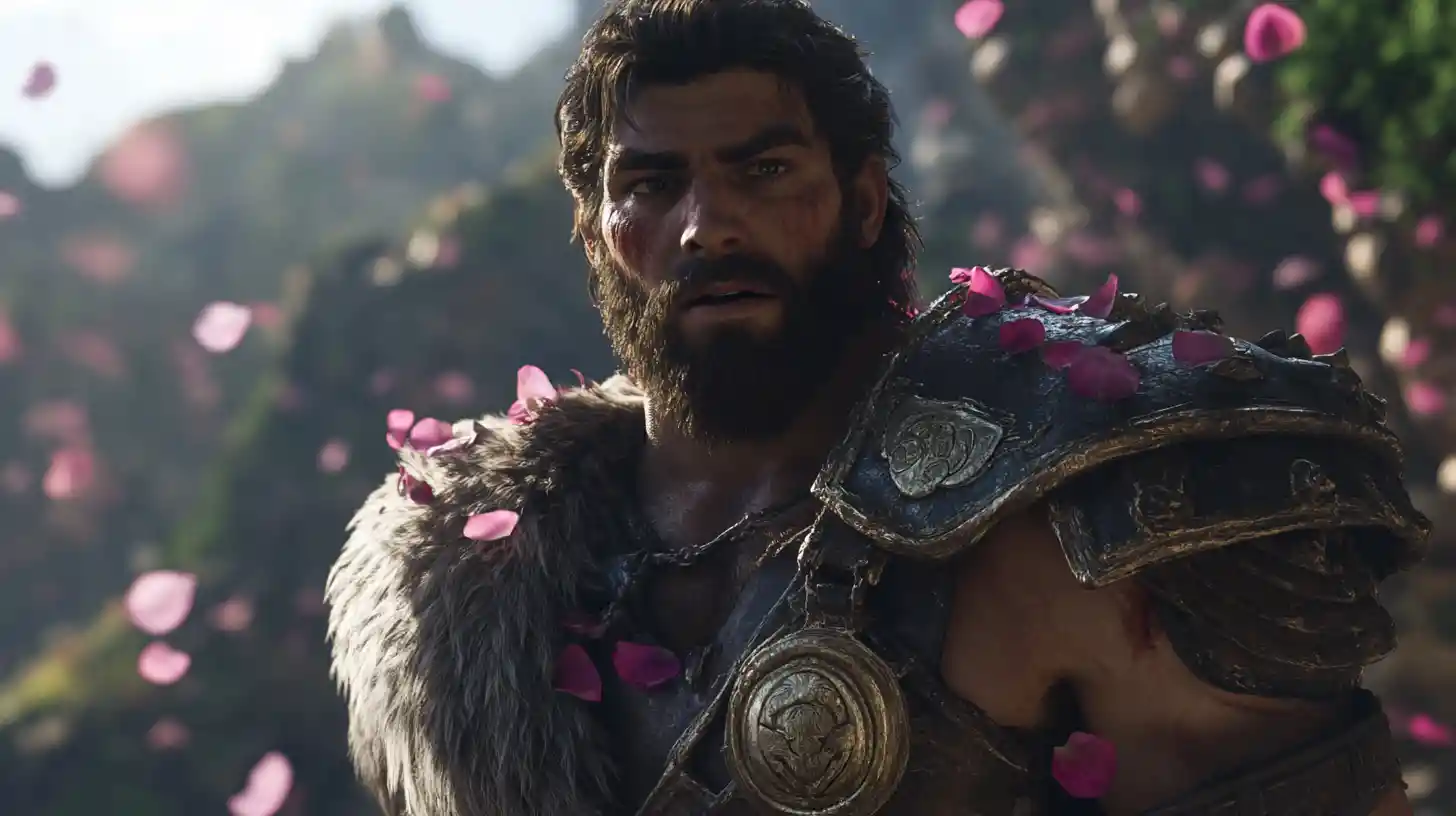 Shocked fantasy warrior in petalstone armor with muscular build