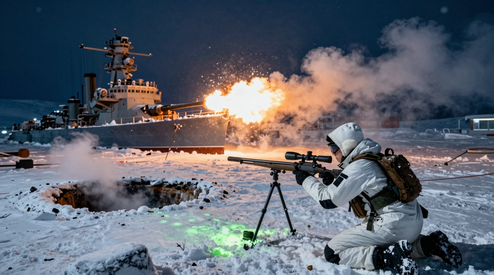 Sniper roulant à travers un champ de bataille arctique nocturne sous le feu