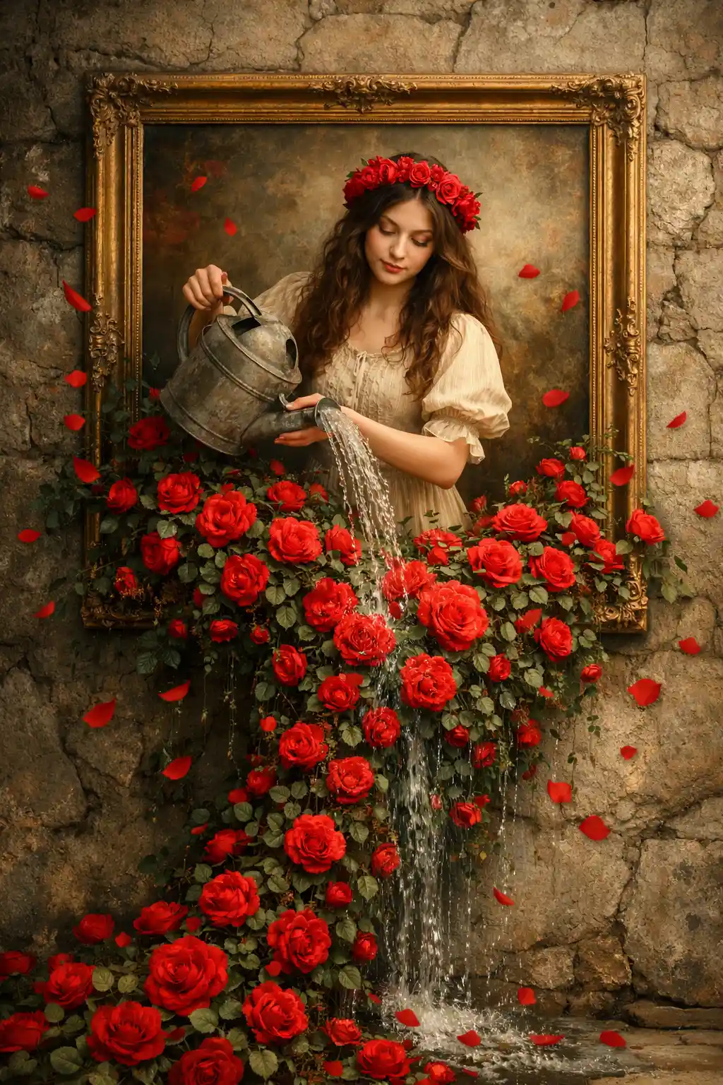 Femme surréaliste dans un cadre doré arrosant des roses rouges en cascade