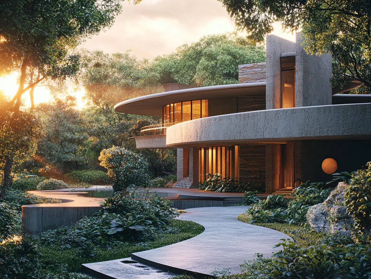 Maison fantastique organique baignée de la lumière du lever du soleil
