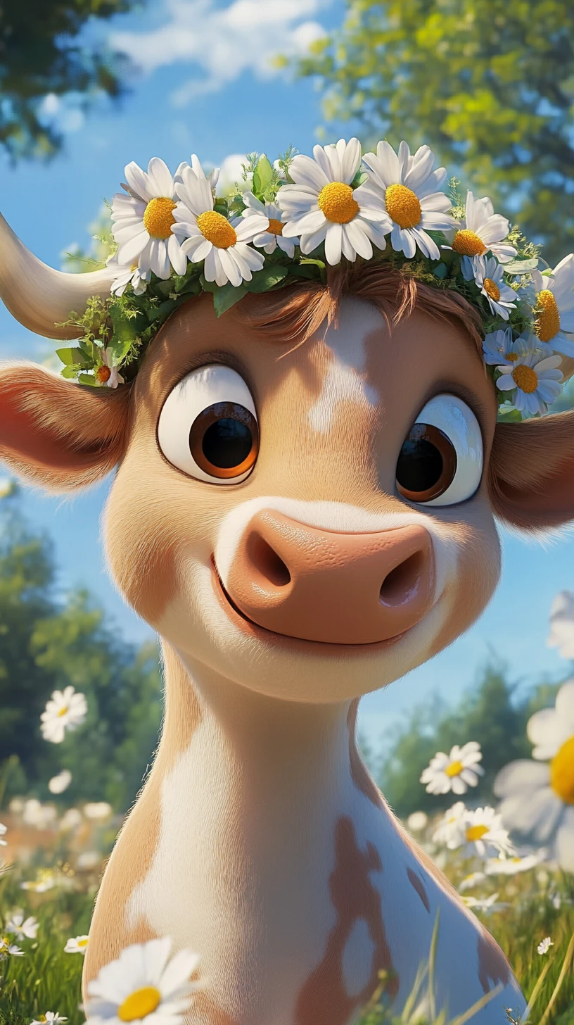 Vache tressée avec couronne de marguerites dans un pré fleuri ensoleillé