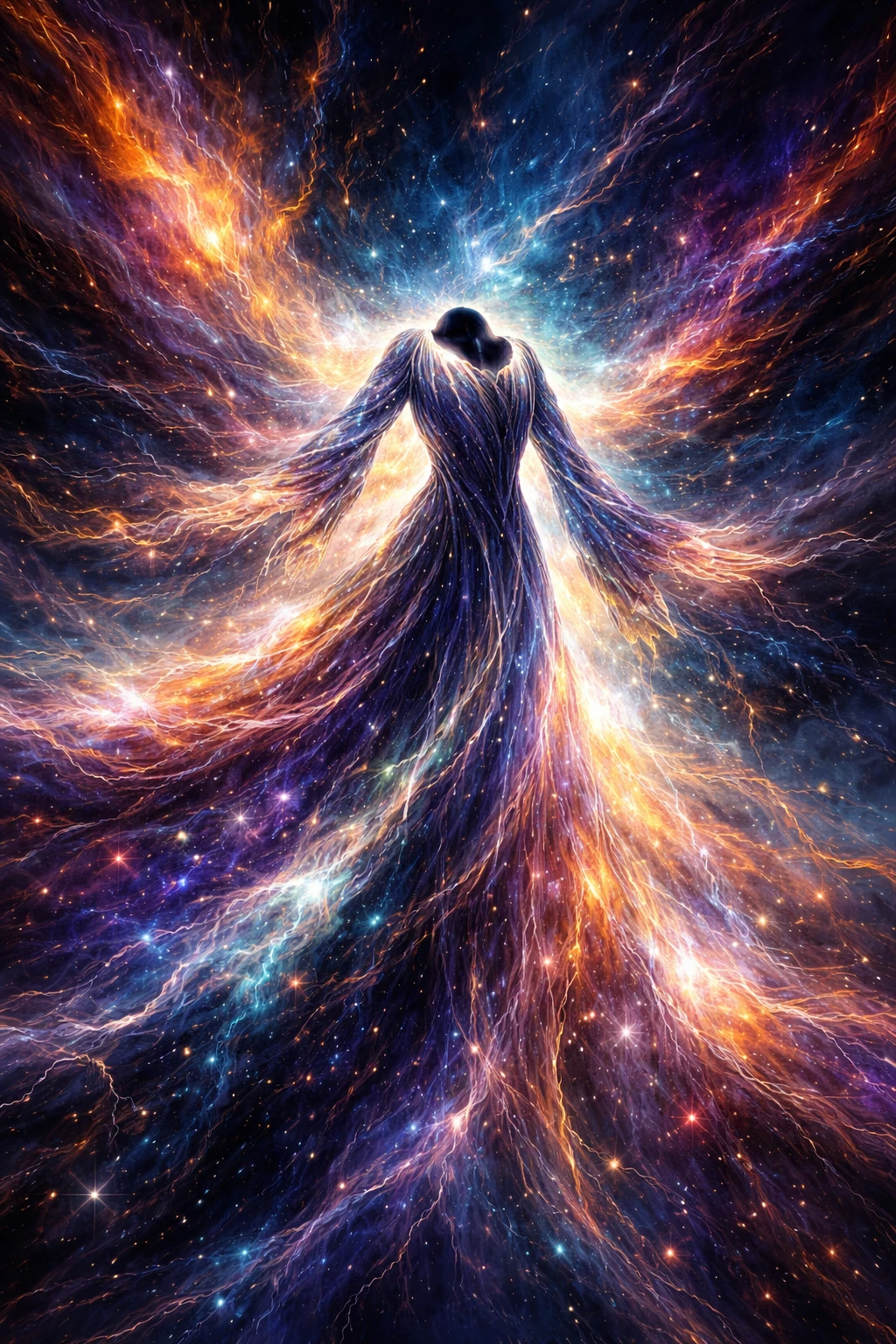 Mythical being in a glowing cosmic energy gown