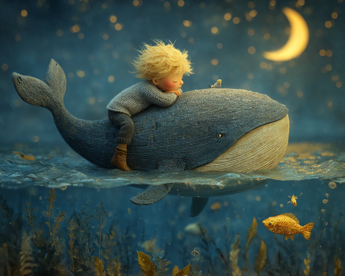Child sleeping on a whale beneath a starry moonlit sky