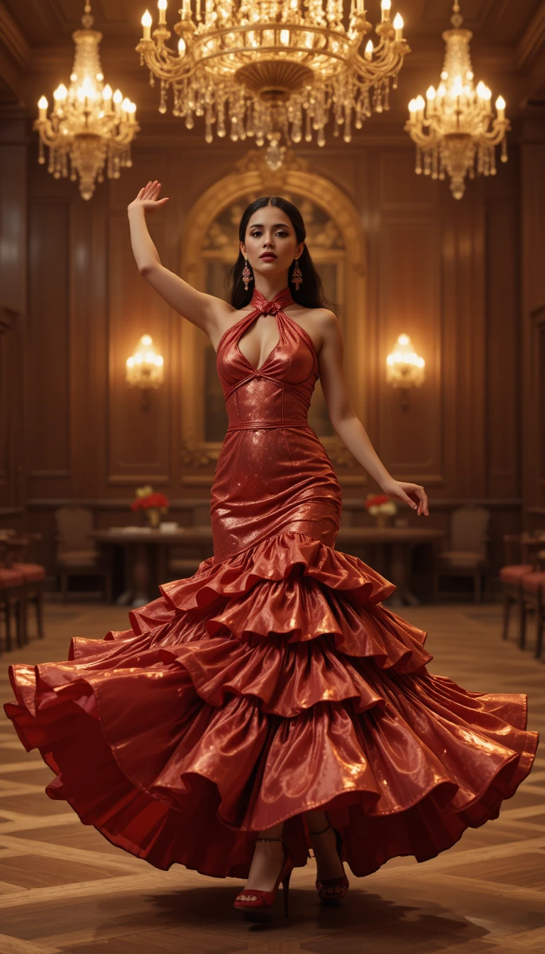 Indische Frau tanzt im roten Kleid im königlichen Ballsaal