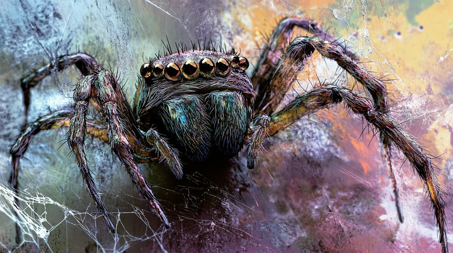 Abstraktes Nahporträt einer Spinne mit fragmentierten Netzstrukturen