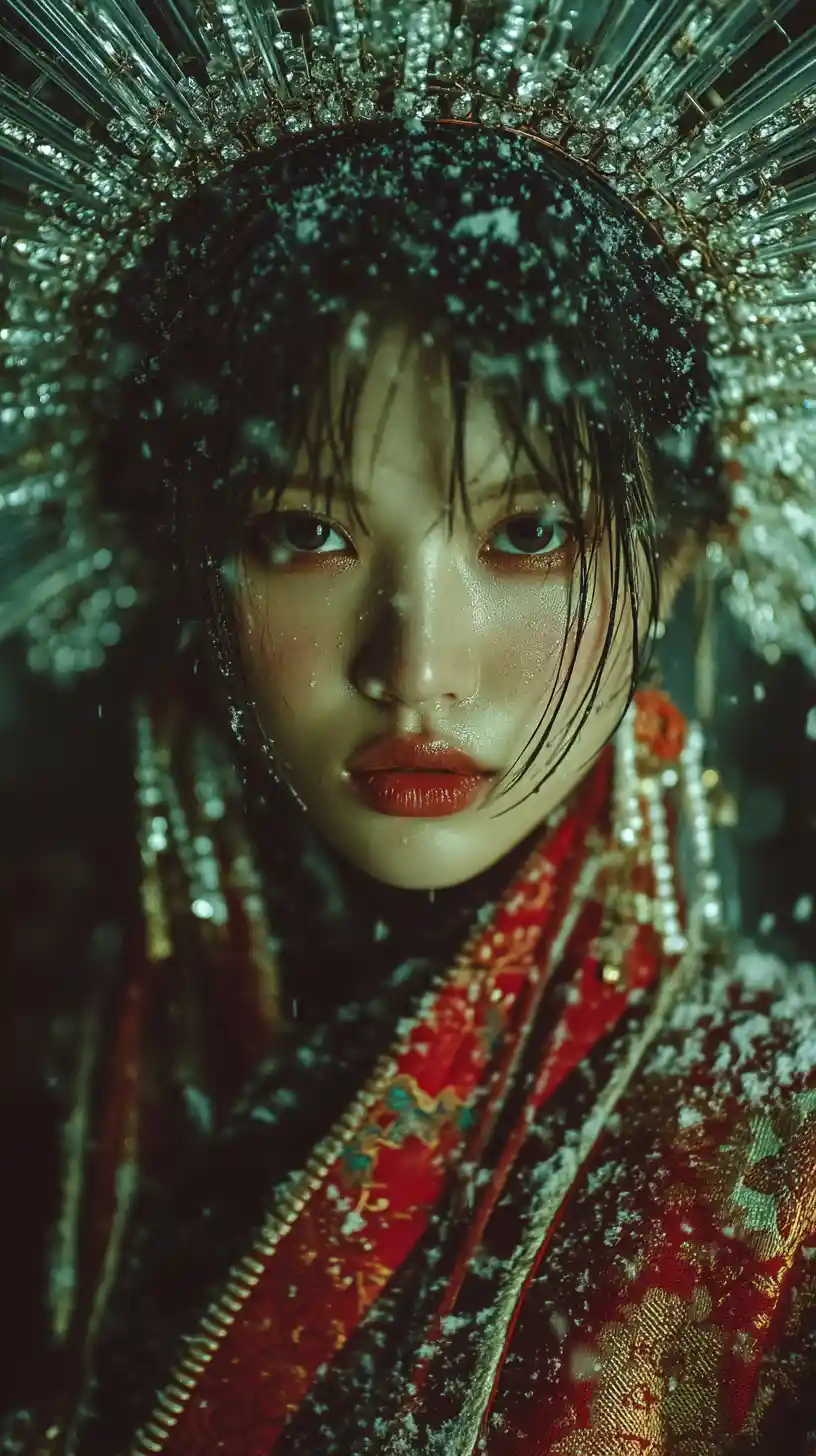 Femme en kimono rouge avec halo de cristal dans la neige