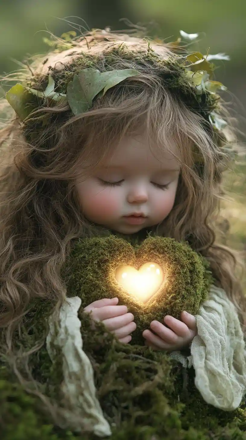 Tiny forest sprite child holding a glowing seed