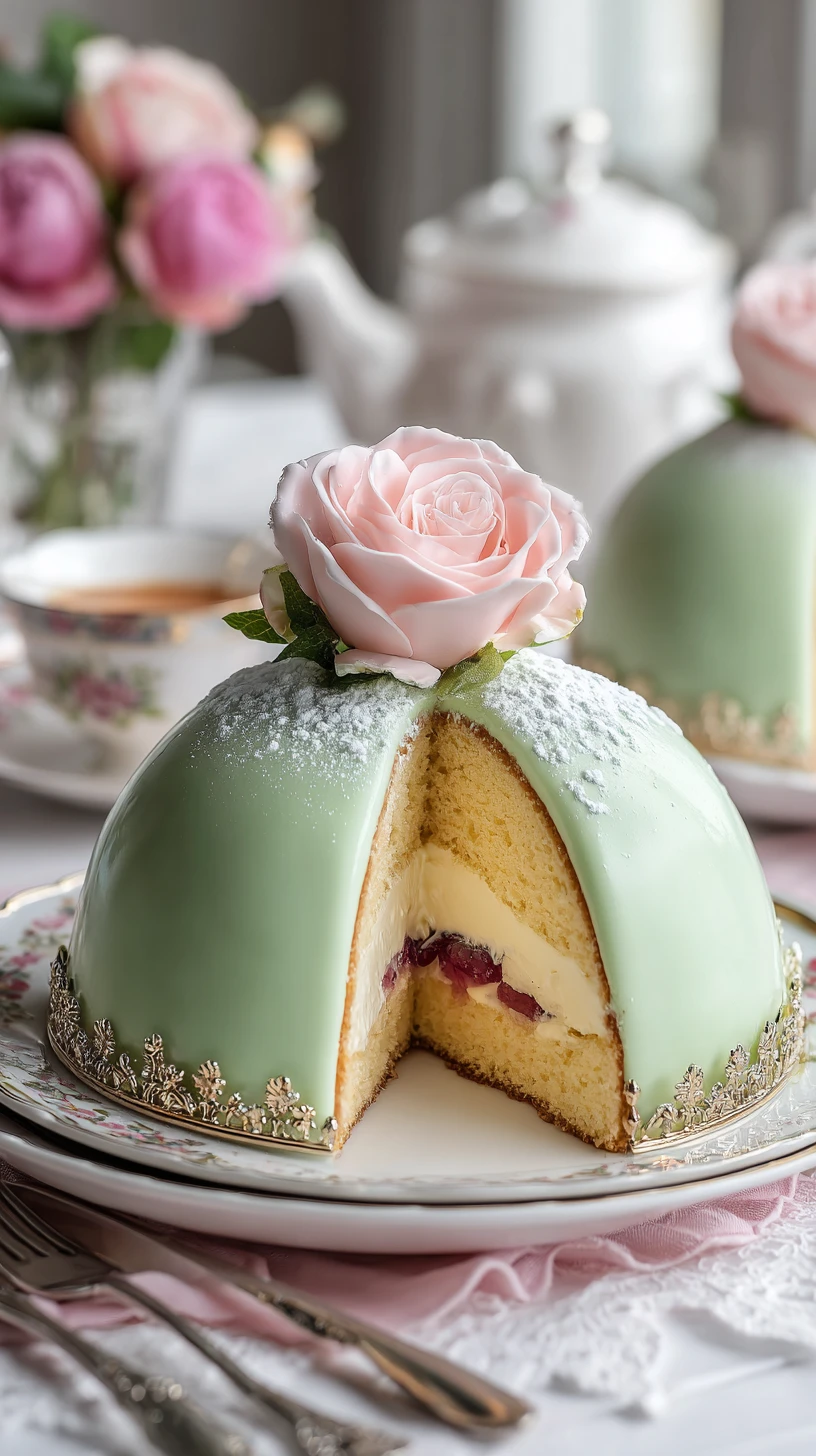 Bolo princesa de marzipã verde em uma mesa festiva elegante