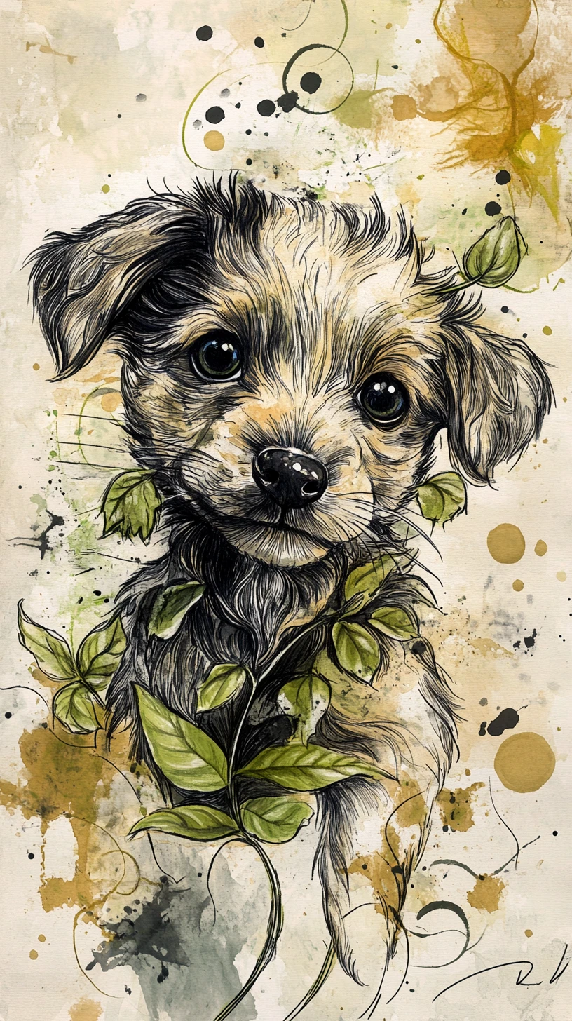 Chiot fantaisiste avec feuilles et lignes aquarelle tourbillonnantes