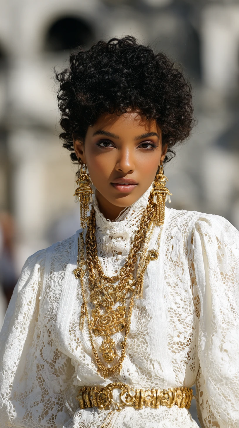 Mannequin couture en dentelle blanche avec somptueux bijoux en or