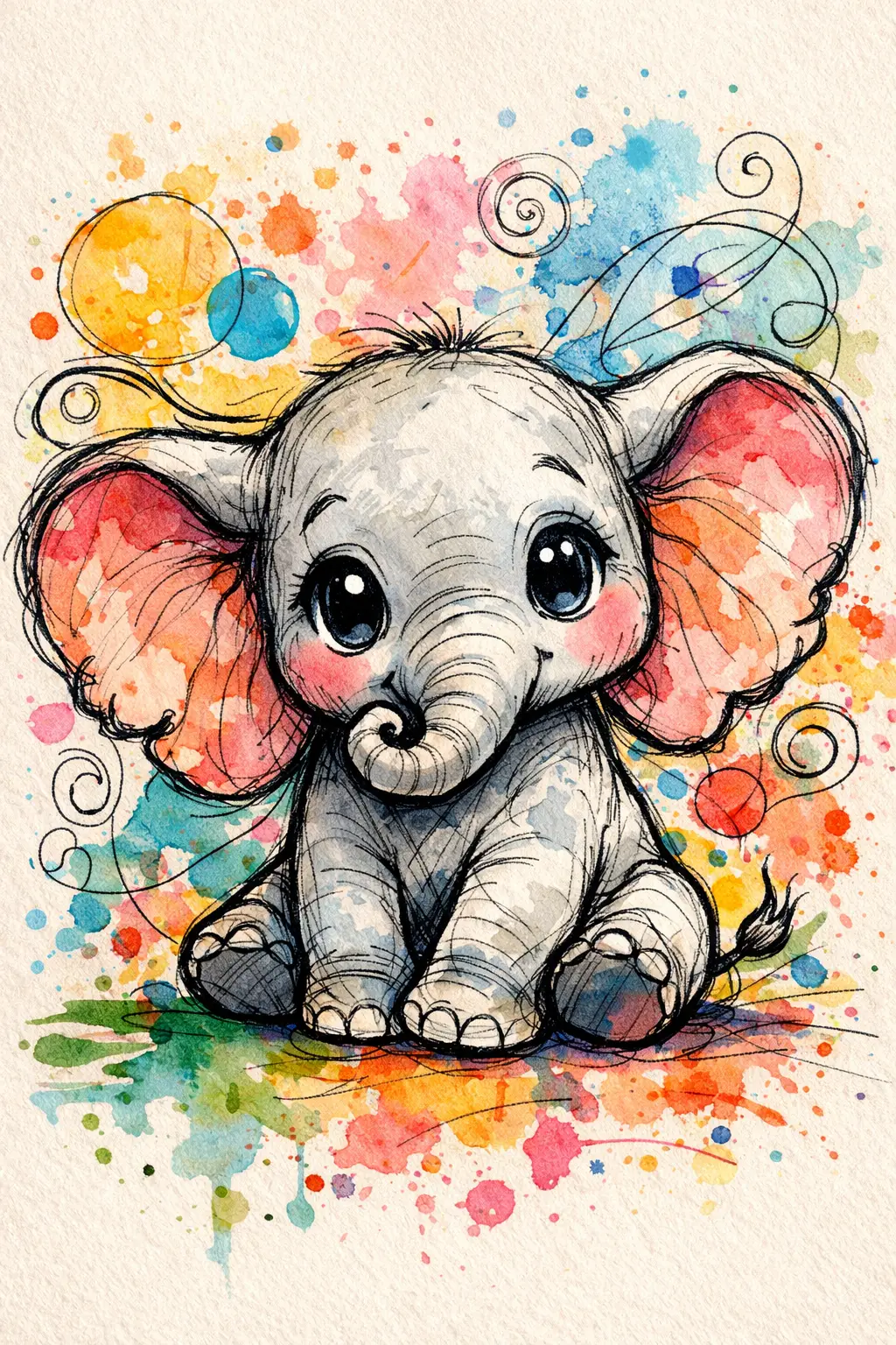 童趣小象墨水與水彩插畫