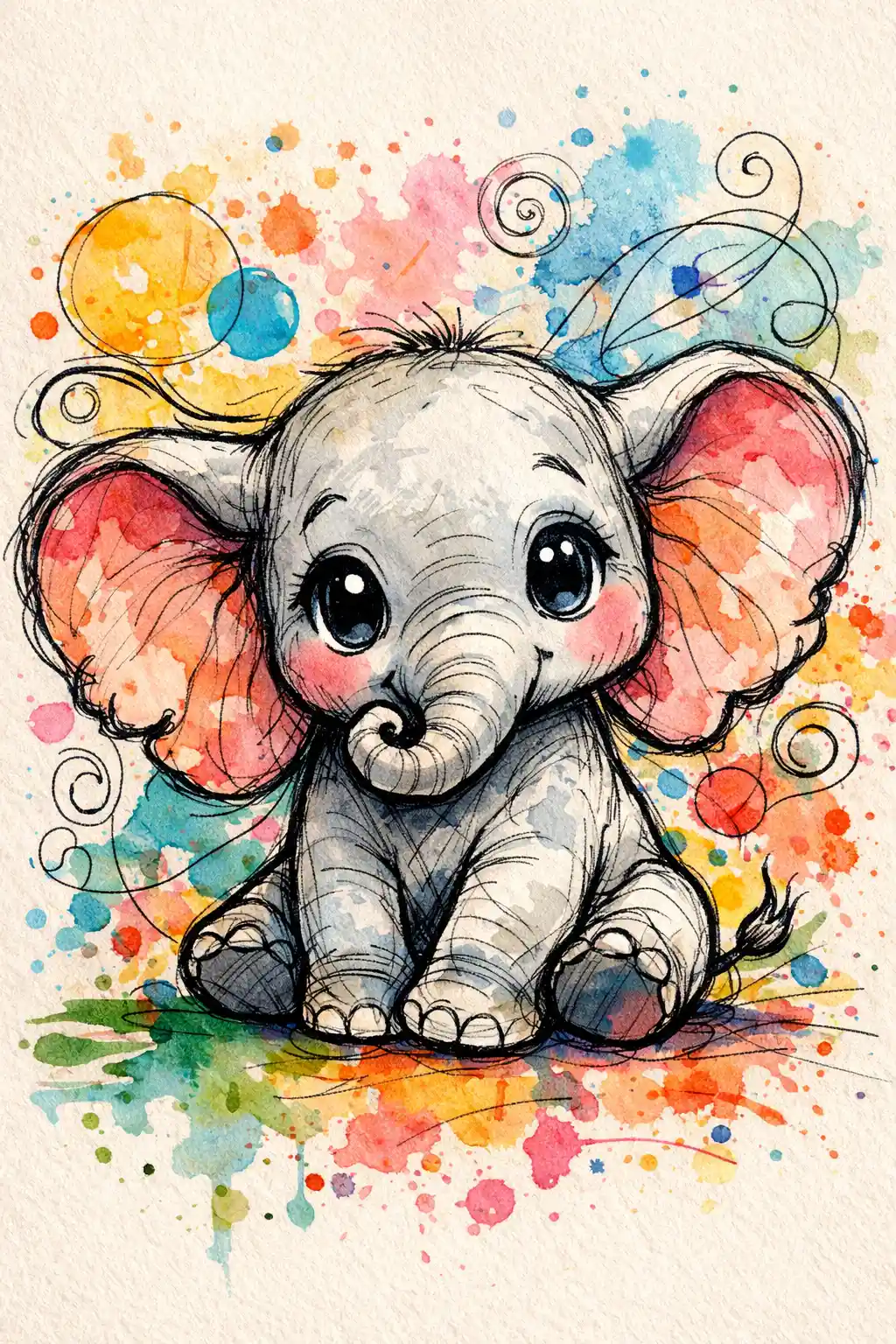 Whimsical Baby Elephant Ink And Watercolor Illustration