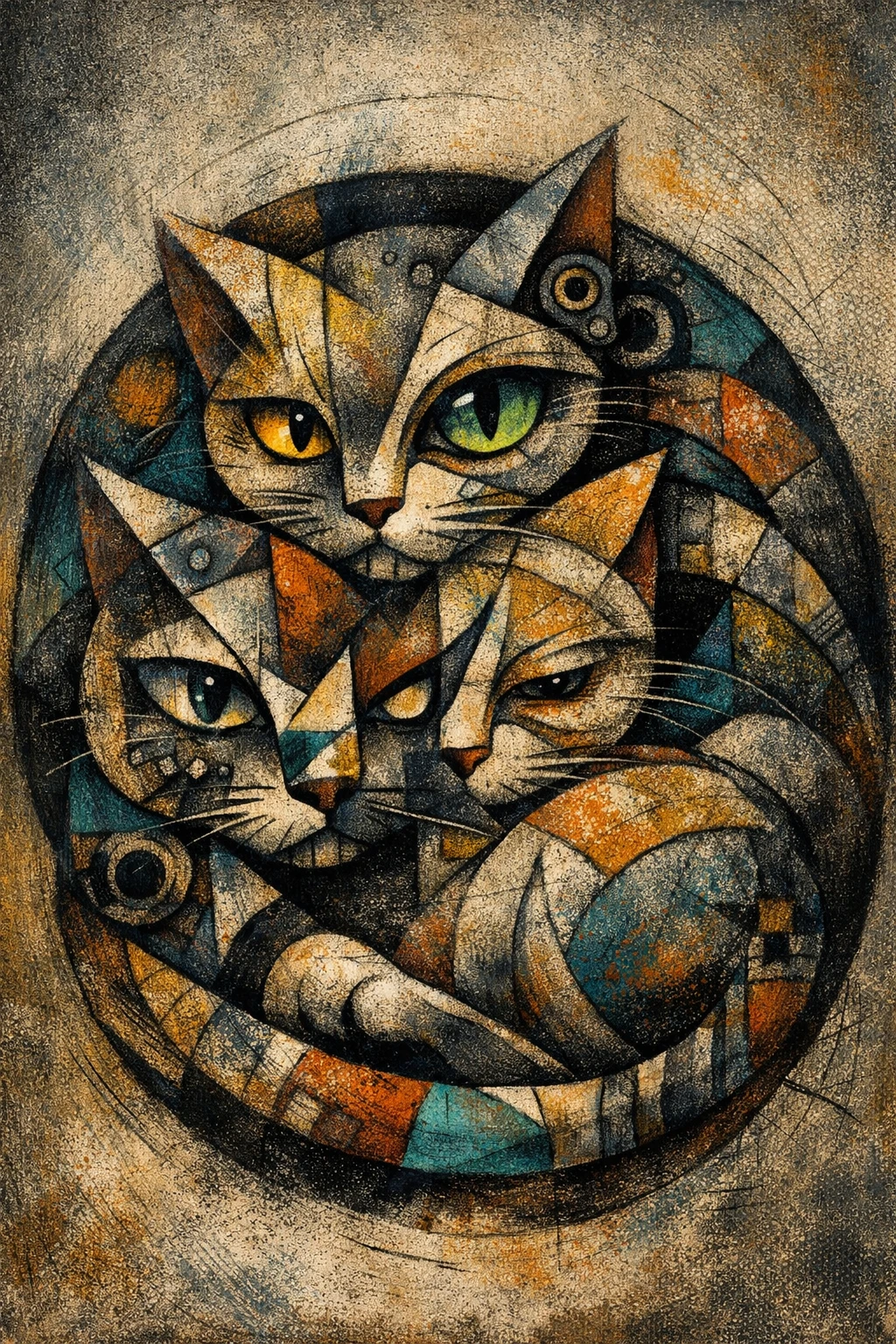 Retrato abstrato de gato enrolado em formas geométricas circulares