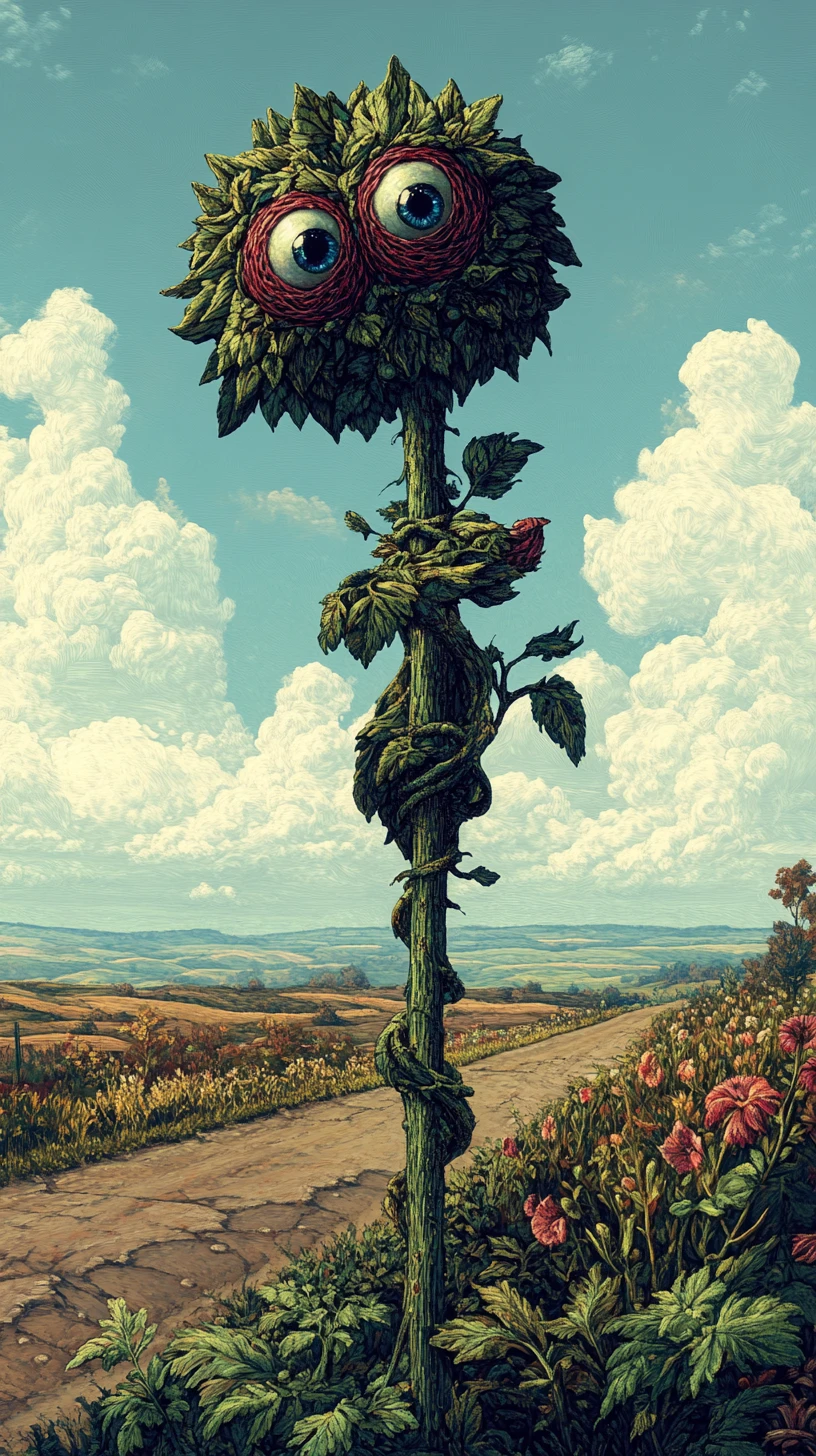 Criatura vegetal surreal en forma de enredadera junto a un camino solitario