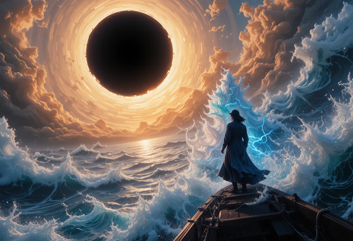 Homem em pé na proa de um navio sobre um mar surreal e mutante