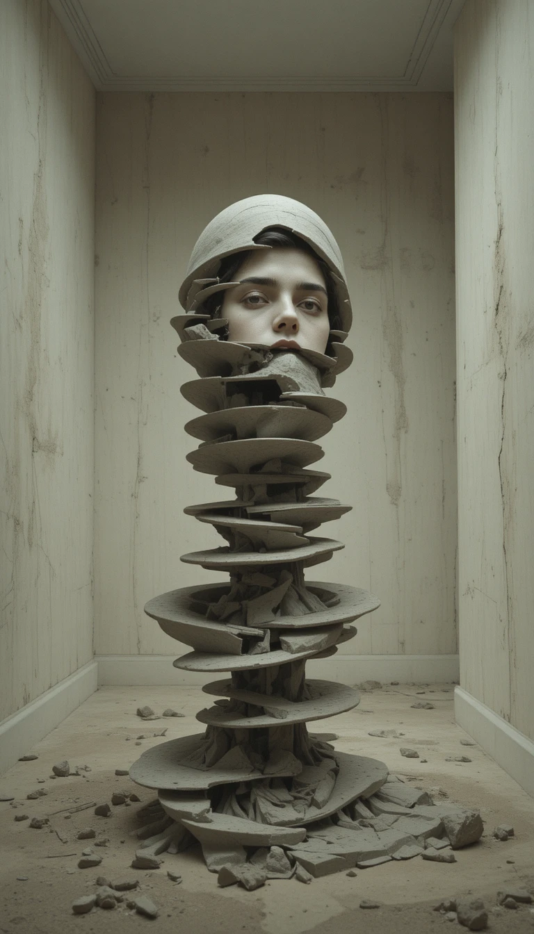 Surrealistisches spiralförmiges Frauenporträt in ruhigem Minimalraum
