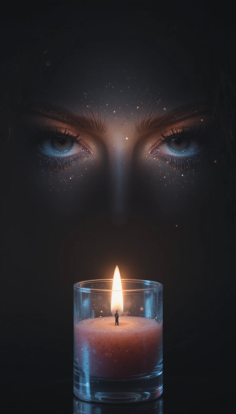 Shining almond eyes on black with abstract candle glow