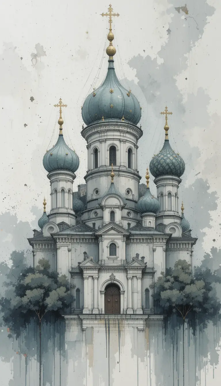 Coupoles d’église russe en aquarelle gris doux