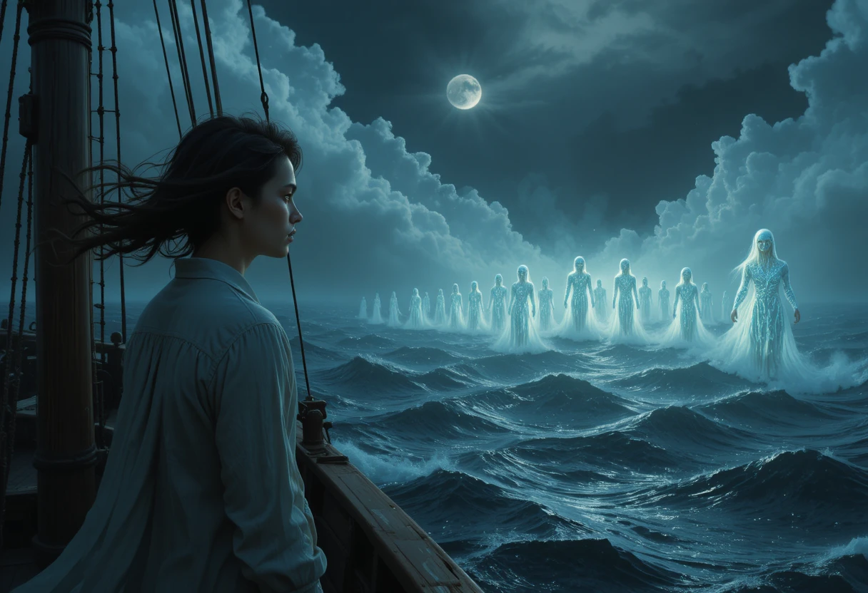 Young poet at the bow of a sailing ship at sea